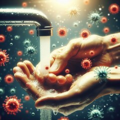 Close up of a hand washing with soap warm water while viruses fall down. Concept of hygienic life and virus protection. Generative ai