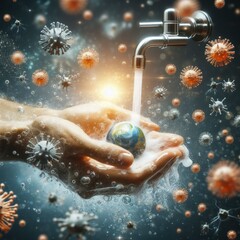 Close up of a hand washing with soap warm water while viruses fall down. Concept of hygienic life and virus protection. Generative ai