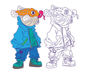 cute animal doodle illustration for coloring page drawing book