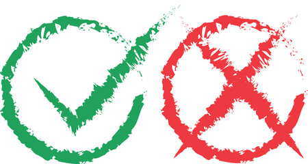 Green checkmark tick and red X icons.