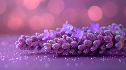 Sprig of lavender on blurred background.