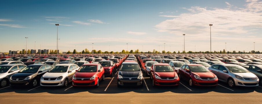 Row of different modern new cars,