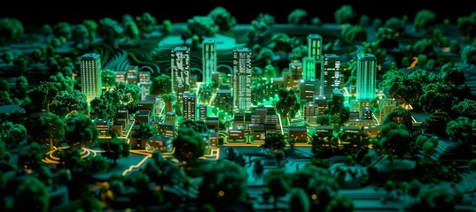 lighted electrical circuit board showing trees and cities