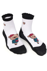 Close-up shot of a pair of transparent mesh socks with embroidered teddy-bears, black toes, bottoms and ruffle trim. Thin socks are isolated on a white background. Top view.