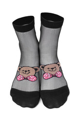 Close-up shot of a pair of transparent mesh socks with embroidered teddy-bears and pink bow at the back, black toes, bottoms and rims. Thin socks are isolated on a white background. Top view.