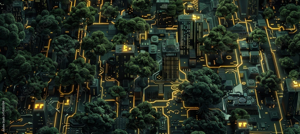 Wall mural lighted electrical circuit board showing trees and cities