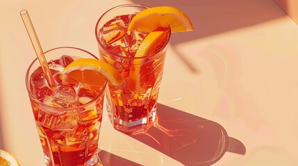 Two aperol spritz drinks in closeup against a sunny beige backdrop.