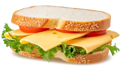 Sandwich with cheese, tomato and lettuce isolated on white background.