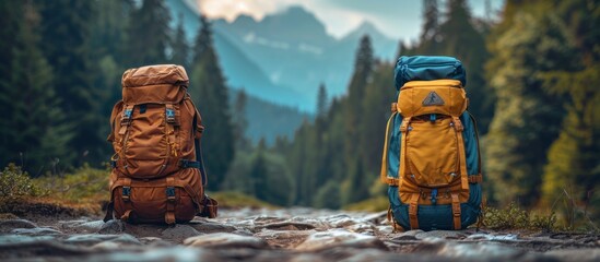 Hiking gear banner background in summer forest two backpacks and trek shoes for hiking couple camping