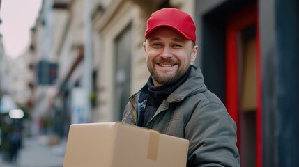 Delivery man in cap holding box and smiling at camera on city street. Delivery courier service.
