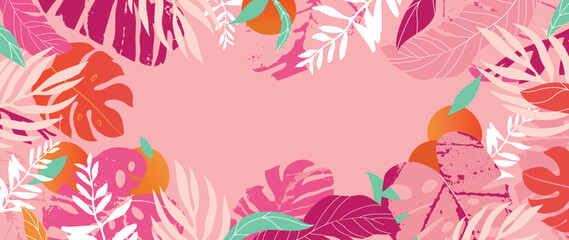 Fototapeta na wymiar Summer tropical jungle pink background vector. Colorful botanical with exotic plant, flowers, palm leaves, fruit, grunge texture. Happy summertime illustration for poster, cover, banner, prints.