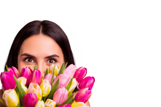 Close-up cropped portrait of her she nice cute attractive lovely winsome charming cheerful cheery brunette latin lady hiding behind colorful flowers florist advert isolated on pink pastel background