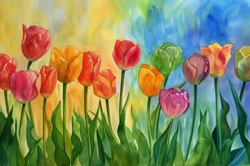 Fototapeta na wymiar Painting of Tulips in a Field on a Sunny Day