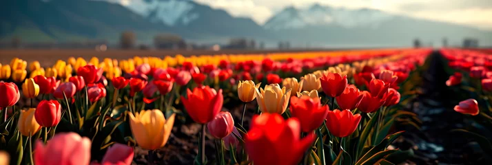 Fotobehang Landscape with a field of tulips, a bright landscape filled with rows of blooming colorful tulips. Generative AI © Лилия Захарчук