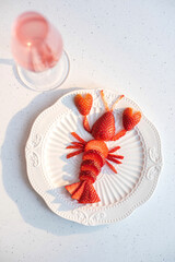 Lobster made from strawberries on a plate, glass of champagne