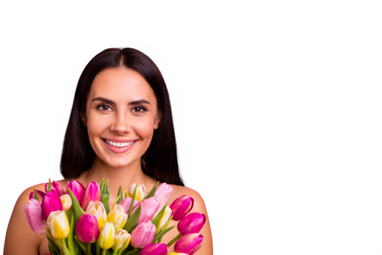 Close-up portrait of her she nice cute attractive lovely winsome charming cheerful brunette lady colorful flowers florist ad advert advertising shop isolated on pink pastel background