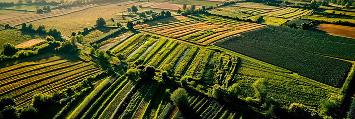 Fototapeta premium aerial view of vast fields with intricate crop patterns, illustrating the scale and precision of spring planting. Generative ai