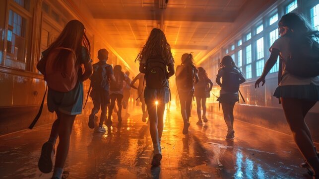 students running through the school corridors