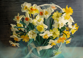 Bouquet of spring flowers in a white basket. Daffodil flowers.