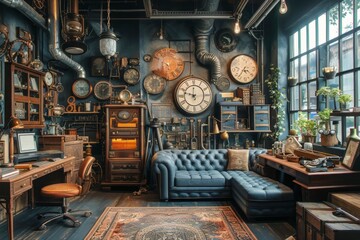 This photo shows a retro-futuristic steampunk office space with ornate furniture and countless clocks.