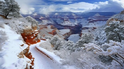 A winter landscape showcasing layers of snow transforming the iconic Grand Canyon.