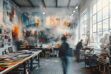Artists Work Together in a Blurred Creative Studio, Collaborative Creativity - obrazy, fototapety, plakaty