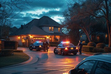 A realistic photo capturing police officers arriving at a house as two patrol cars are parked outside.