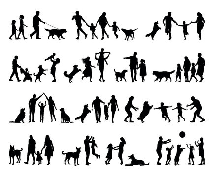 Parents and children walking and playing with dog silhouette set vector collection. Family doing fun activities with dogs outdoor silhouettes.