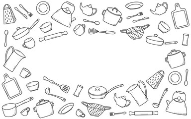Kitchen tools and tableware doodle icon. Vector illustration set of elements cook.