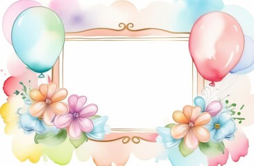 Vibrant watercolor colorful frame of festive party balloons, flowers, bow. Beautiful floral botanical design. Horizontal herbal banner on white background. Wedding invitation, Birthday, business