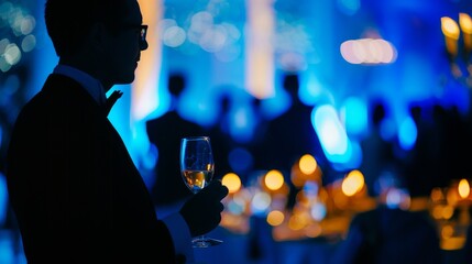A sophisticated man in a suit holds a wine glass at a social event with blurred guests in the background.
