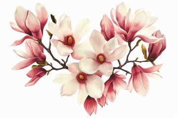 Obraz premium Heart shaped with magnolia, botanical illustration style, isolated white background