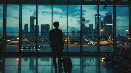 A traveler stands with luggage, gazing out at the airplane and cityscape through the window of an airport terminal at dusk.