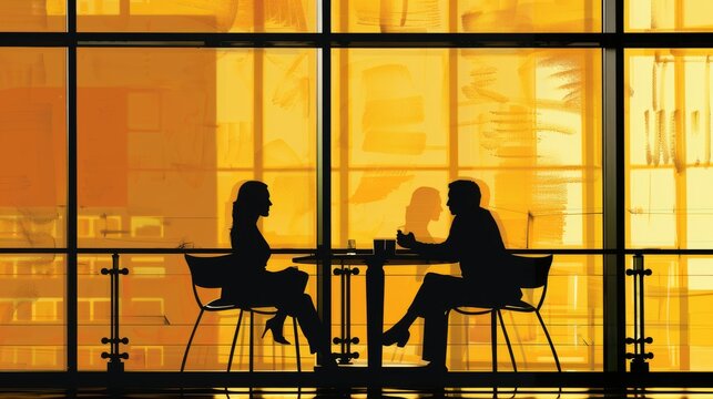 Silhouettes Of A Man And Woman In A Business Meeting With The Warm Sunset Over The City Skyline Behind Them.