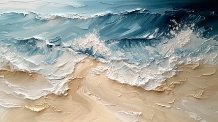 Top view on sea wave with white foam and light beige sand. Trendy painting abstract putty art.
