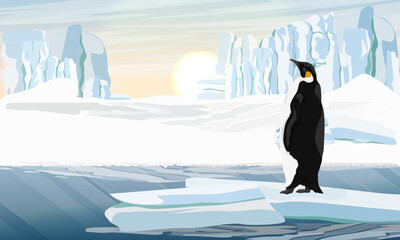 Emperor penguin stands on a large ice floe. Birds of the South Pole. Realistic vector animal