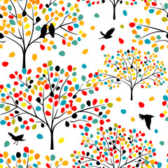 Seamless pattern of trees with colored leaves and flying birds. Hand drawing. Not AI. vector illustration