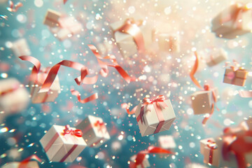 A lot of Falling gift boxes decorated with ribbon on blurred shiny background