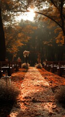 A pathway adorned with wooden chairs, draped in colorful fall leaves, creating a striking autumn scene.