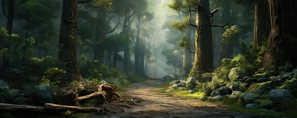 Dark path through misty forest against sunny light