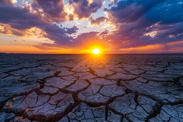 Intense Sunset Symbolizes Effects of Global Warming on Parched Earth. Concept Global Warming, Intense Sunset, Parched Earth, Effects, Symbolism