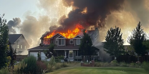 Intense smoke rises from house engulfed in flames during residential fire. Concept Emergency Response, Fire Department, Residential Fire, Safety Measures, Damaged Property