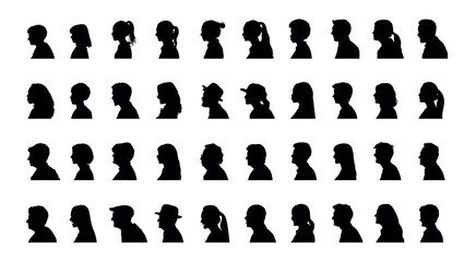 People face profile side view silhouette set collection. Human side face avatar portrait different age and generation black silhouette. - obrazy, fototapety, plakaty