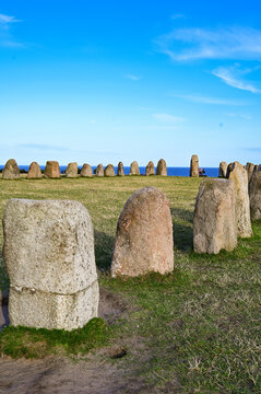 Stone circle Ales stenar in Sweden as one of the largest preserved ship settlements in Scandinavia and tourist attraction, L&ouml;derup, Ystad, Skane, Sweden