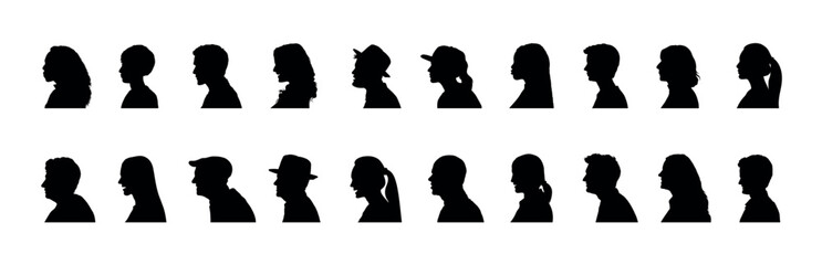 People face side view profile different ages black silhouette set collection. - obrazy, fototapety, plakaty