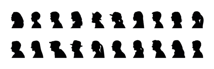 Tuinposter People face side view profile different ages black silhouette set collection. © Andreas