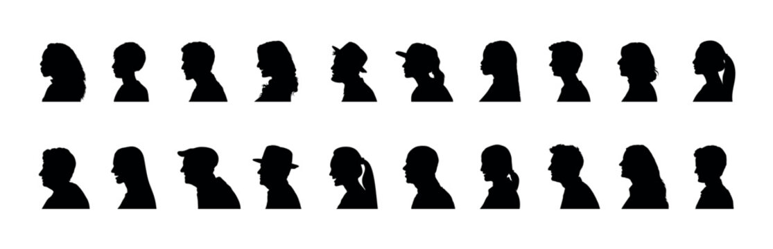 People face side view profile different ages black silhouette set collection.