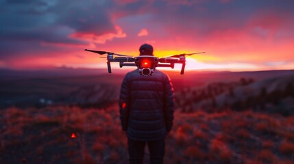 Fototapeta na wymiar Man operating a drone with remote control