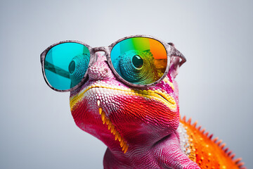 Colorful chameleon lizard with sunglasses isolated on grey background, fun exotic pet, creative colors concept - 741310531