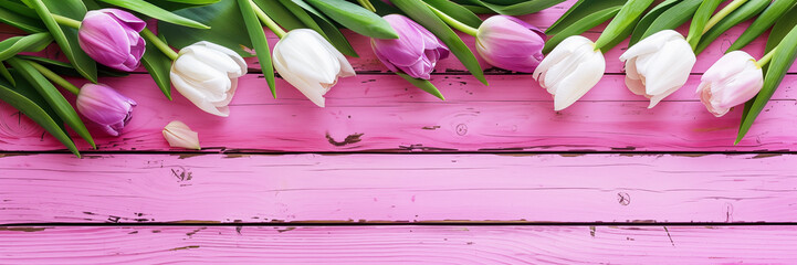 Purple and white tulips on pink wood planks panoramic background with copy space, mother's day flowers and spring header - 741310587